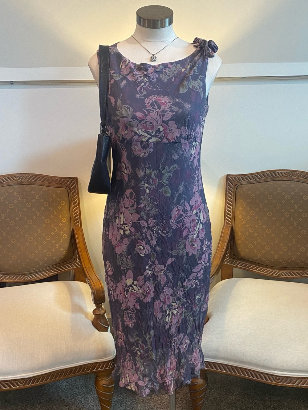 Vintage 90s Silk Chiffon Purple Floral Midi Dress Whimsigoth Fairy Grunge Size S